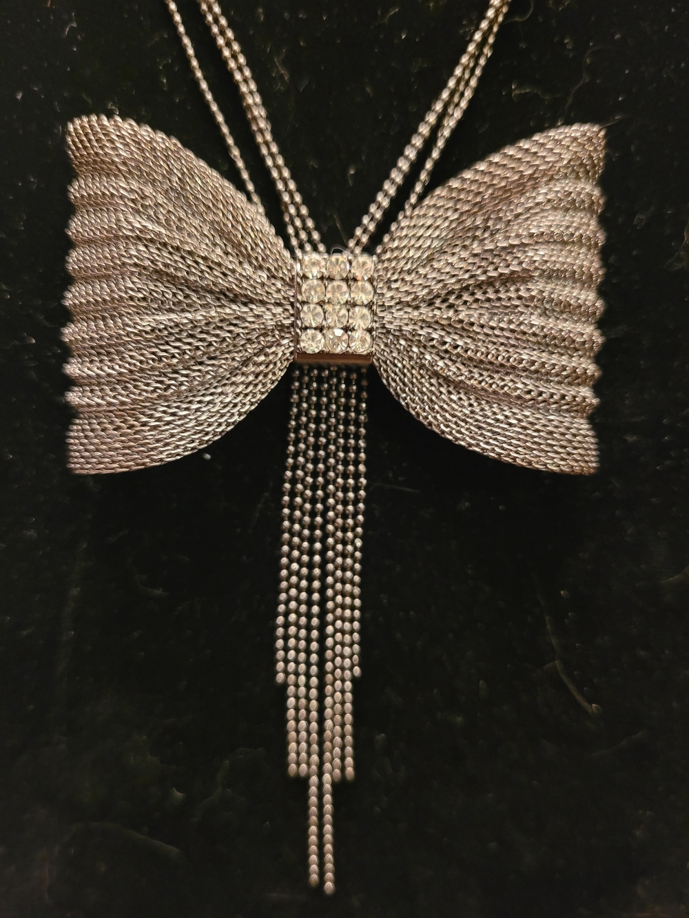 Vintage Style Silver Tone Mesh Bow Necklace with Rhinestone Tassel Adjustable